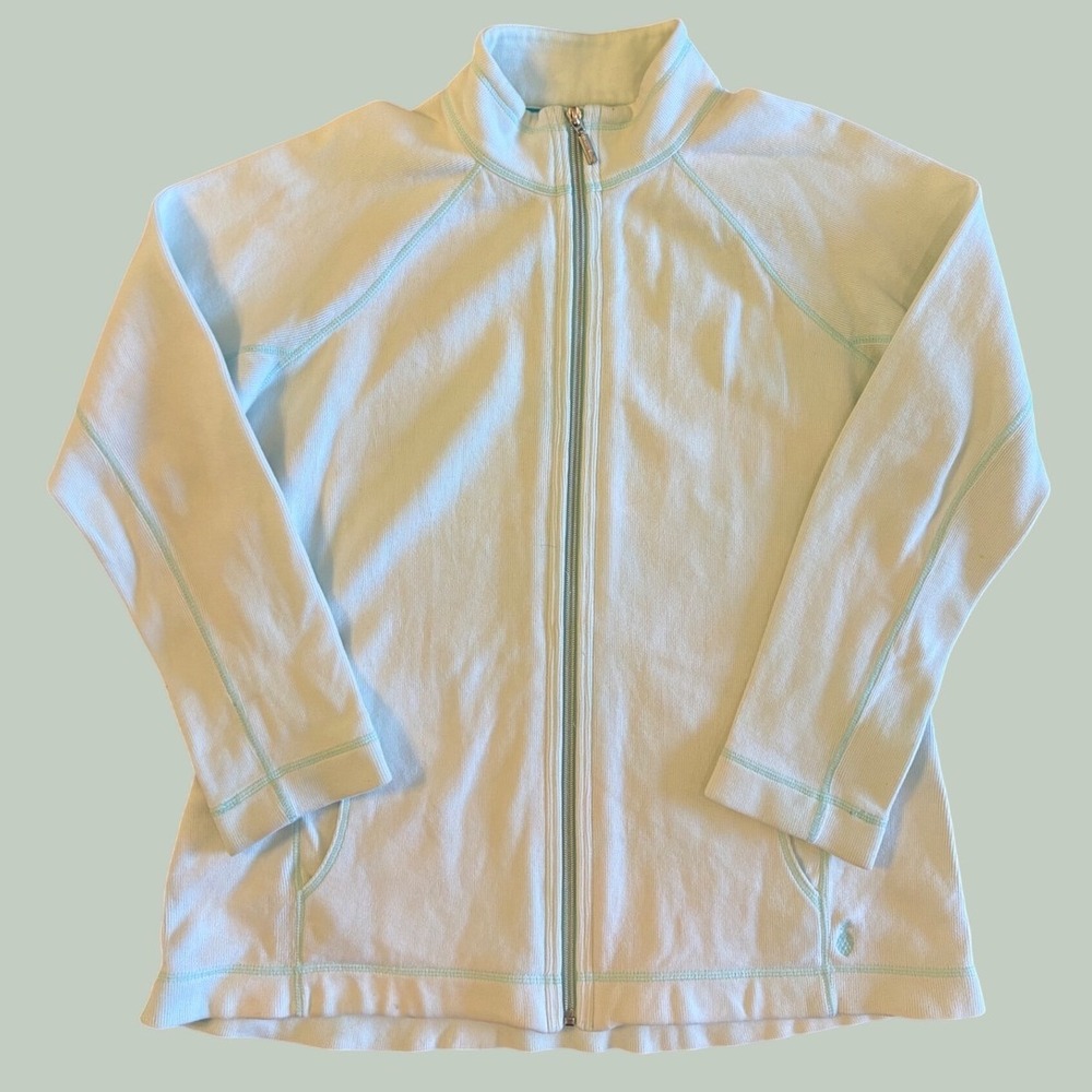 Tommy Bahama Full Zip Ribbed Sweatshirt Mint Blue Coastal Grandma Jacket Large